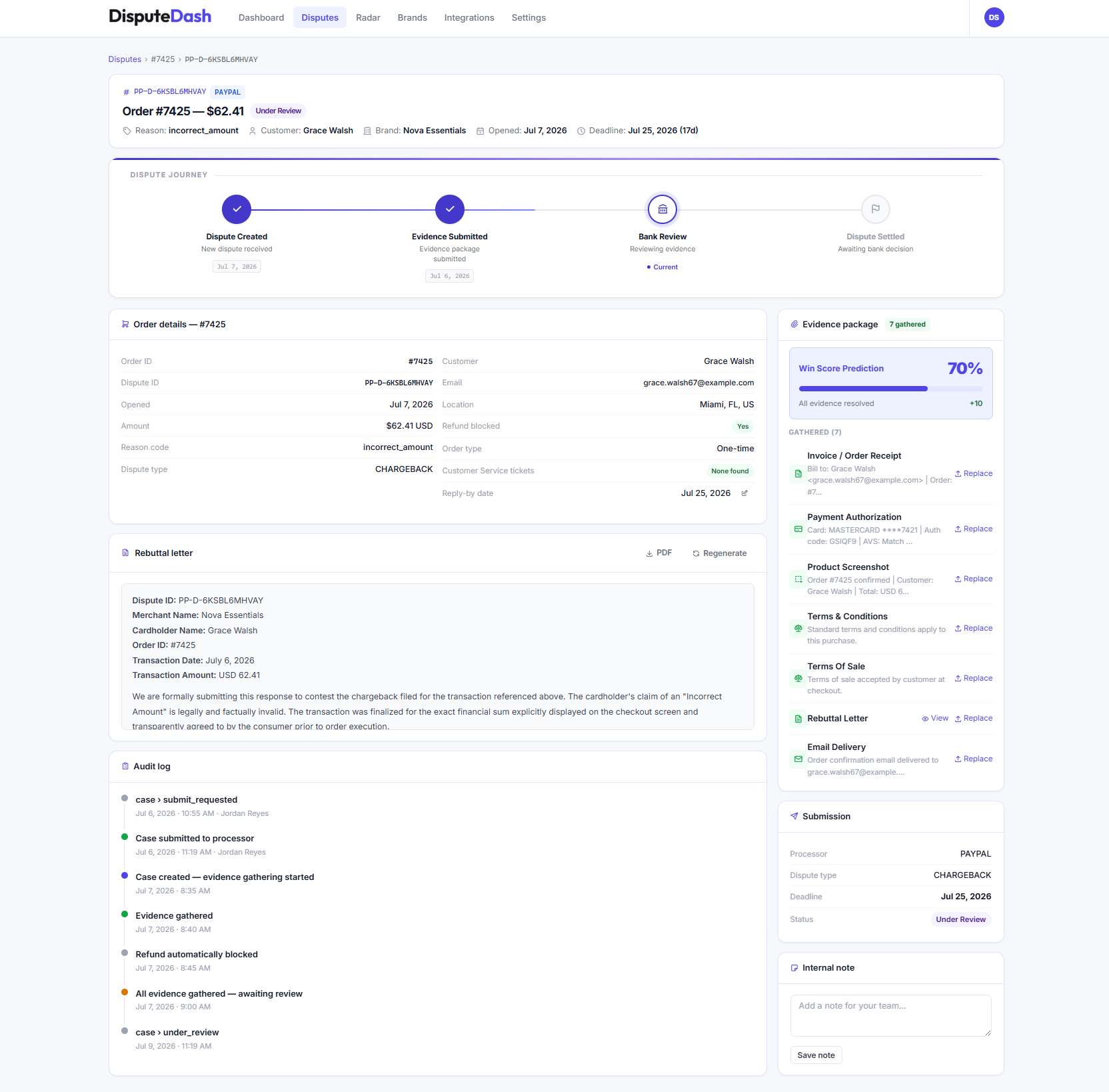 Case detail — dispute journey, order details, evidence package, rebuttal letter, and full audit log