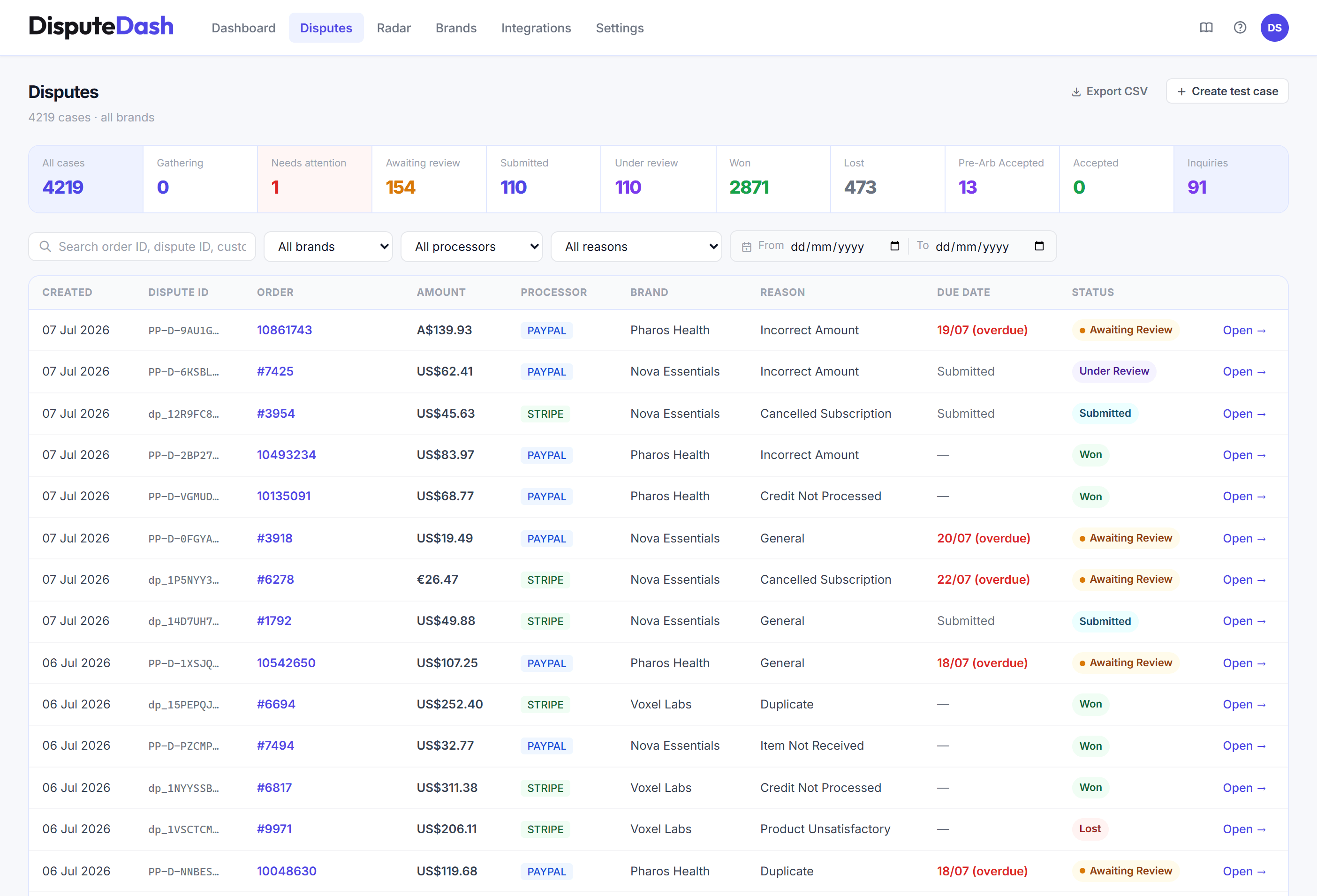 DisputeDash disputes list — every case with its pipeline status, deadline, and evidence progress in one view